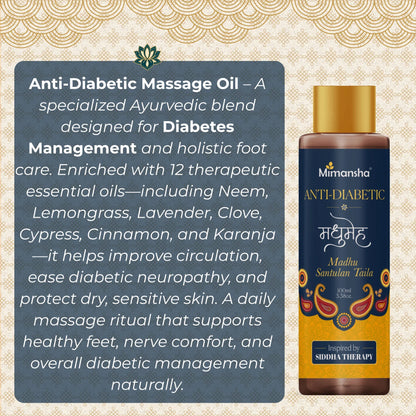 Mimansha Anti-Diabetic Massage Oil | Ayurvedic Aromatherapy Foot & Body Oil for Diabetic Wellness | 13 Essential Oils for Circulation, Nerve Comfort & Skin Protection | Inspired by Siddha Medicine 100 ml